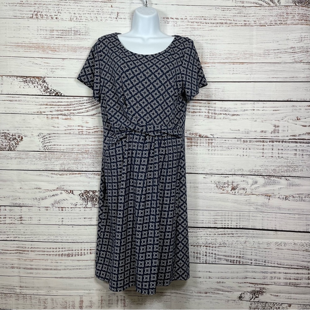 Talbots Navy Geometric Draped Short Sleeve Sheath Dress